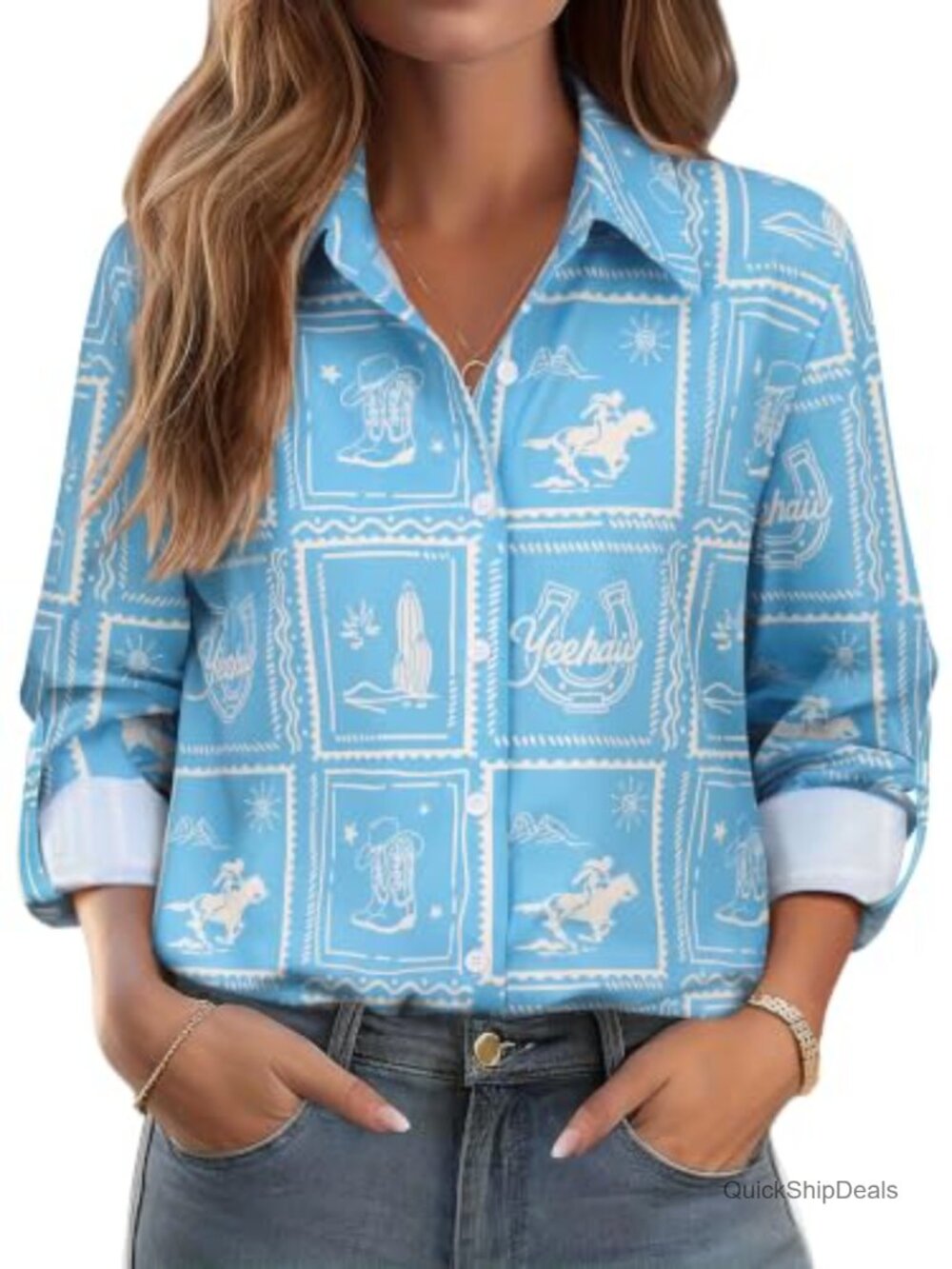 Western Cowgirl Rodeo Print Button Down Shirt 3/4 Rolled Sleeve Women's Country